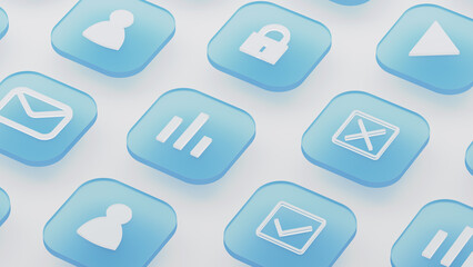 A set of flat icons, mail, statistics, interface for the background. 3d rendering of blue icons. - 782913673