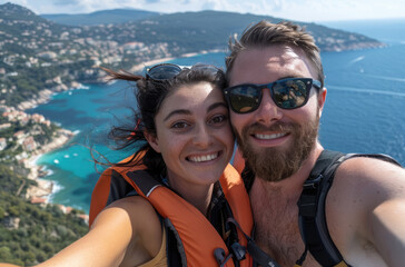 A happy couple took a selfie while paragliding over the French Riviera, wearing orange life jackets and sunglasses. 