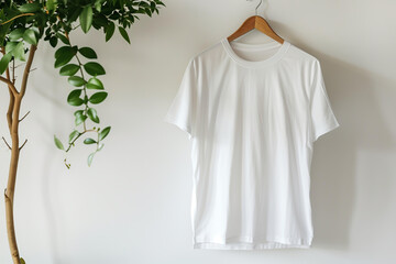 A white tshirt hanging on a wooden hanger over a white wall background with a plant, a mockup template for design presentation  in a minimalist style.
