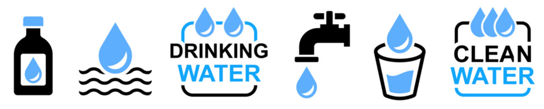 Drinking water icon set. Drop Water, Mineral Water, Low and High Tide, Shower, Plastic Bottle and Glass, clean water sign symbol illustration.