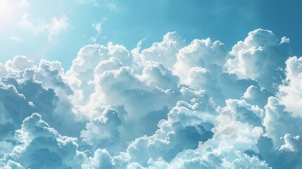 An abstract natural background with a blue sky and white fluffy clouds. A tranquil cloudscape view, a vivid fantasy background, beautiful skies, 3D modern illustration.