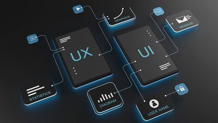 UX user interface flowchart, connection mode graphic designer, application process development, data prototype, website framework, mobile icon phone. The concept of user interaction. 3d rendering. - 782914009