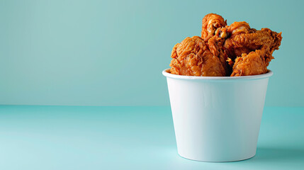 White bucket of broasted chicken . Isolated on pastel blue background