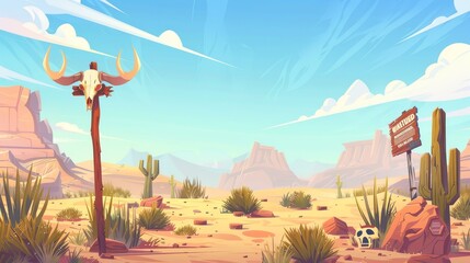 Various wild west desert landscapes with sand, cactuses, mountains, ox bones and wooden sign, modern cartoon illustration of an American desert landscape.