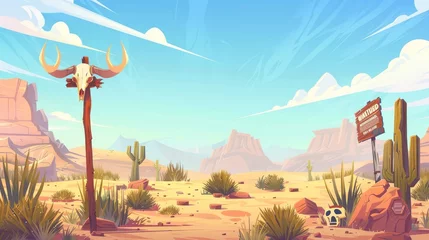 Poster Various wild west desert landscapes with sand, cactuses, mountains, ox bones and wooden sign, modern cartoon illustration of an American desert landscape. © Mark