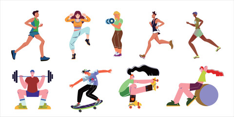 Vibrant illustrations depict various Olympic and fitness activities, showing athletes performing different sports.