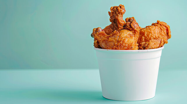 White bucket of broasted chicken . Isolated on pastel blue background
