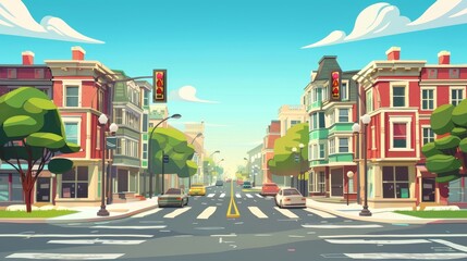 Pedestrian crosswalk and traffic light on city street with old houses and retro buildings. Modern cartoon illustration of an old town, retro buildings, and crossroads. - obrazy, fototapety, plakaty
