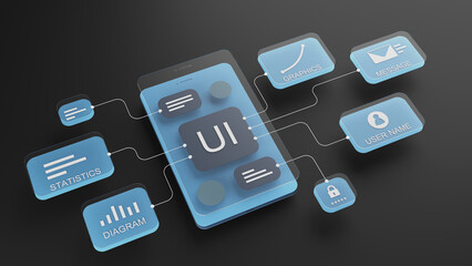 UX user interface flowchart, connection mode graphic designer, application process development, data prototype, website framework, mobile icon phone. The concept of user interaction. 3d rendering. - 782914219