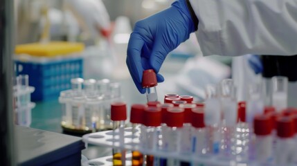 Fototapeta premium Scientist in Lab Coat and Blue Gloves
