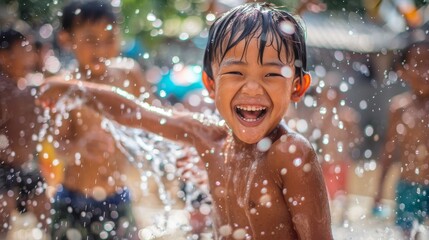 Obraz premium Joyful children playing in water, with splashes surrounding them