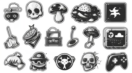 Monochrome Y2K stickers with psychedelic patches with mushrooms, robots, skulls, hamburgers and dinosaurs. Vintage tape with dancing man, pager, and broken vinyl.
