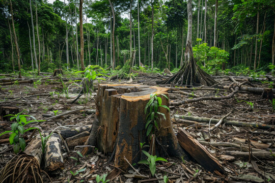 A forest with trees chopped down due to illegal logging activity