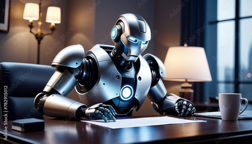 Poster a highly sophisticated robot sits at a desk, meticulously analyzing documents, embodying the future 