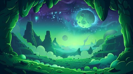 Cartoon modern illustration of a green alien planet surface with craters and toxic fog in the air. It features uninhabited land with poisonous gases and a night sky full of stars.