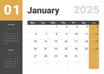 Page Monthly Calendar Planner Template of January 2025 year. Vector mockup calendar with the week starting on Monday for printing. Page for size A4 -21x29.7 cm.