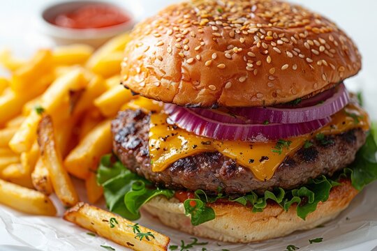 Close up of delicious bugger on chopping board for commercial advertisement with fries