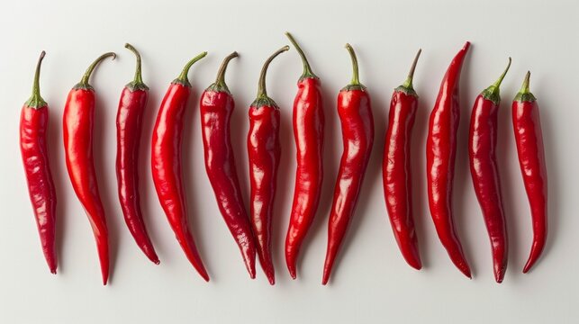 Red chilies on a white background in a row