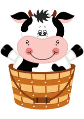 Funny cow in a wooden bucket - 782915600