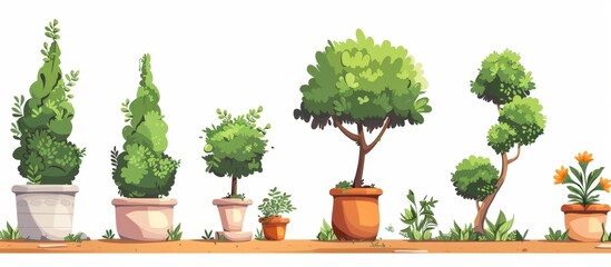 Various types of trees and plants are displayed in pots against plain walls, creating a natural ambiance