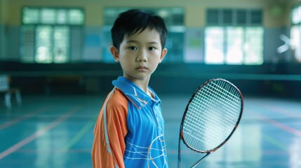 young Asian boy player posing with tennis racket on court, ready to play game. Fictional Character Created by Generative AI.