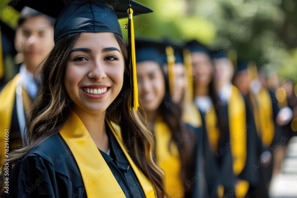 Poster Beautiful female college graduate smiling in front, wearing a black and yellow graduation gown with a cap tassel on her head. - Posters