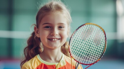 Young blonde girl with a tennis racket, happily smiling and posing for the camera. Fictional Character Created by Generative AI.