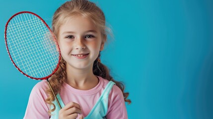 young blonde girl player holding badminton racket on blue background, smiling and ready to play game. Fictional Character Created by Generative AI.