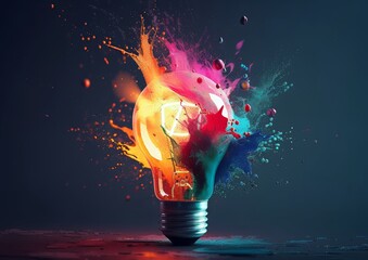 a colorful lightbulb exploding with color splashes on dark background