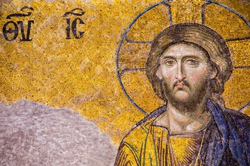 Closeup view of a painting of Christ