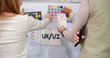 Creative designer team leader presentation on application design and ux ui usability planning. Modern business team teamwork.