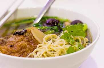 Closeup view of a delicious noodle soup