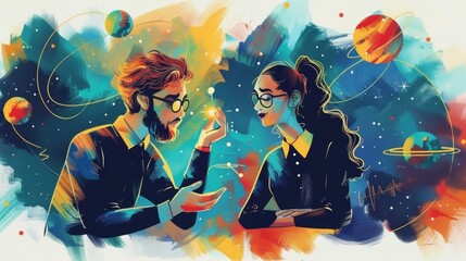 A male classical physicist and a female quantum physicist brainstorming together, magazine illustration - obrazy, fototapety, plakaty