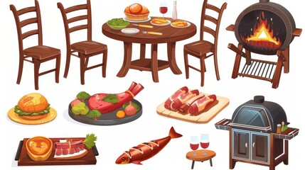 A cartoon illustration of BBQ food and furniture, isolated on a white background. It features a chair and table, a grill, and cooked fish and meat dishes. It is part of the Barbeque party set you