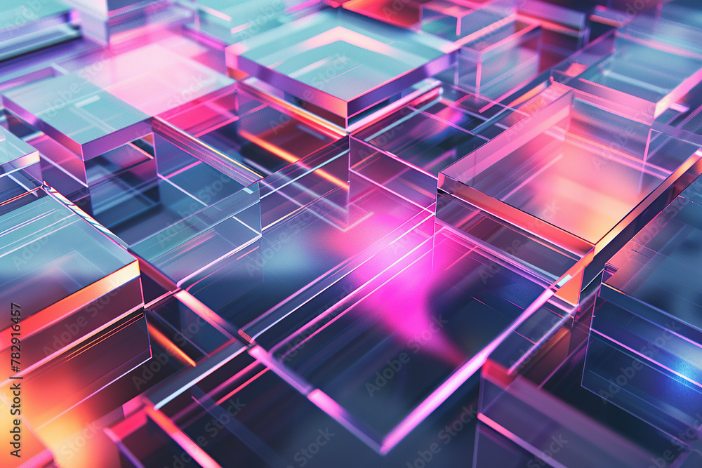Wall mural horizontal image of colourful glowing transparent abstract cubes and layers background