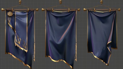 Isolated 3D blue hanging pennon on transparent background. Royal or knight vintage pennant with golden border, ragged or tattered edge, various shapes.