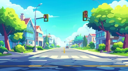 Modern cartoon illustration of a contemporary city street with buildings and green traffic lights at crosswalks. The street is empty, there is nobody walking on the sidewalk, and trees are growing. - obrazy, fototapety, plakaty