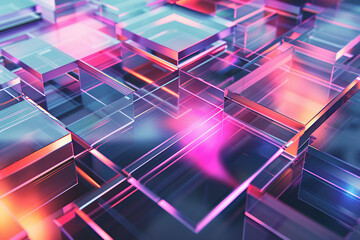 horizontal image of colourful glowing transparent abstract cubes and layers background - obrazy, fototapety, plakaty