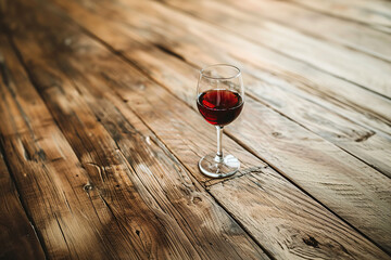 close up horizontal image of a glass of red wine on a wooden table, copy space