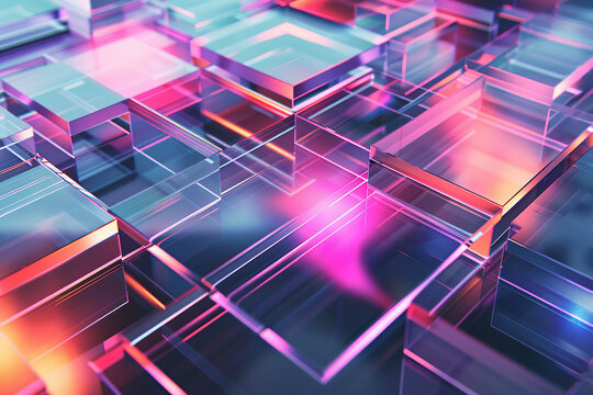 horizontal image of colourful glowing transparent abstract cubes and layers background