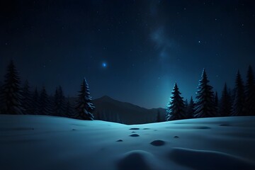 Empty night nature scene. The night starry sky, the rays of the blue neon spotlight. Snowy winter...