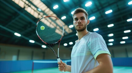 Male Tennis Player Holding Racket on Stadium, Closeup Image. Fictional Character Created by Generative AI.