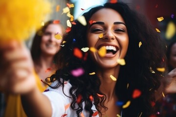 Obraz premium A vibrant and ecstatic woman with a beaming smile celebrating a festive moment surrounded by a shower of multicolored confetti. Joyful Woman Celebrating with Colorful Confetti