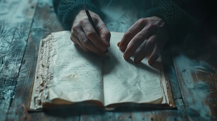 Hands writing a story in an old weathered book