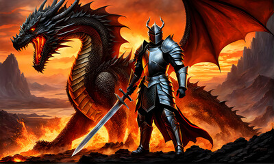 A knight and a dragon in the fire