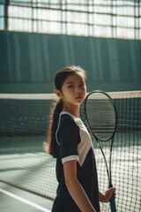 Young Asian Female Tennis Player Posing with a Racket on Court. Fictional Character Created by Generative AI.