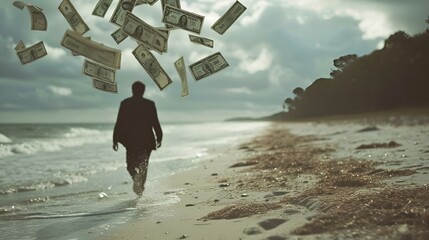 AI generated illustration of A man wades in water, tossing money - obrazy, fototapety, plakaty