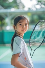 young Asian girl holding a tennis racket, posing on a tennis court.  Fictional Character Created by Generative AI.