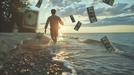 a man walks into the ocean with money flying in the air