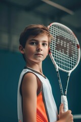 young boy player posing with tennis racket on court, ready to play game. Fictional Character Created by Generative AI.